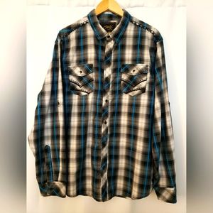 Chalc Mens Shirt Size XXL Long Sleeve Button Black Blue White Western Shirt